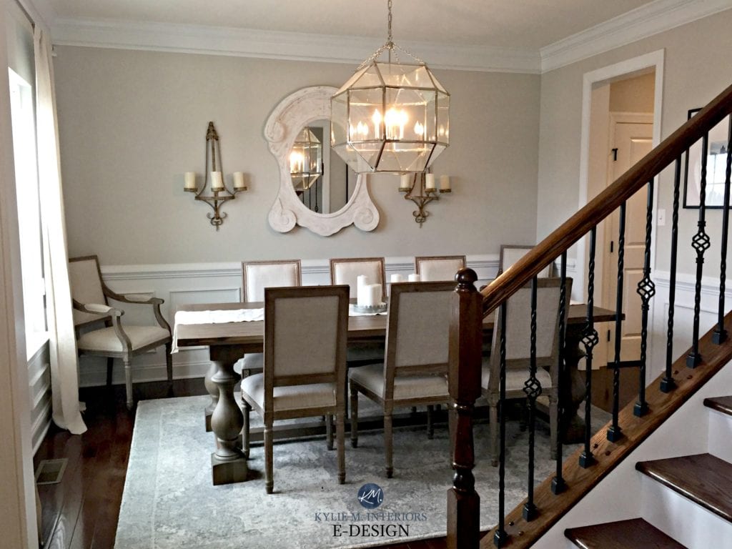 Dining room traditional, slightly country style. Sherwin Williams Agreeable Gray, crown molding, wainscoting. Kylie M INterior E-design, client before image