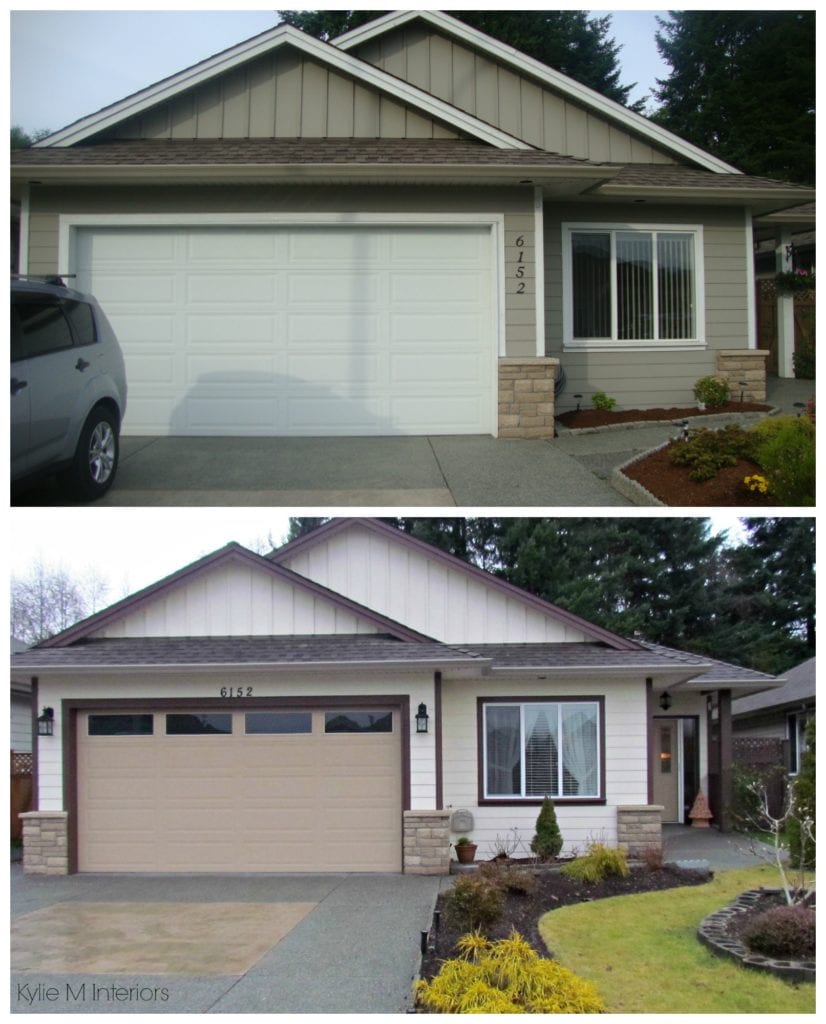 Before and after exterior color palette on a small ranch style home. Dark trim, painted garage door and stonework by Kylie M Interiors