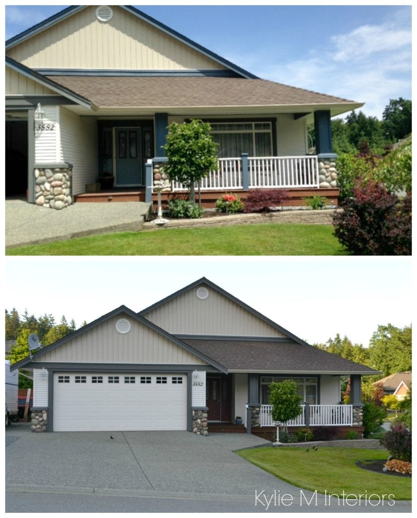 Exterior before and after paint palette with Chelsea Gray trim and beige vinyl siding by Kylie M INteriors E-decor