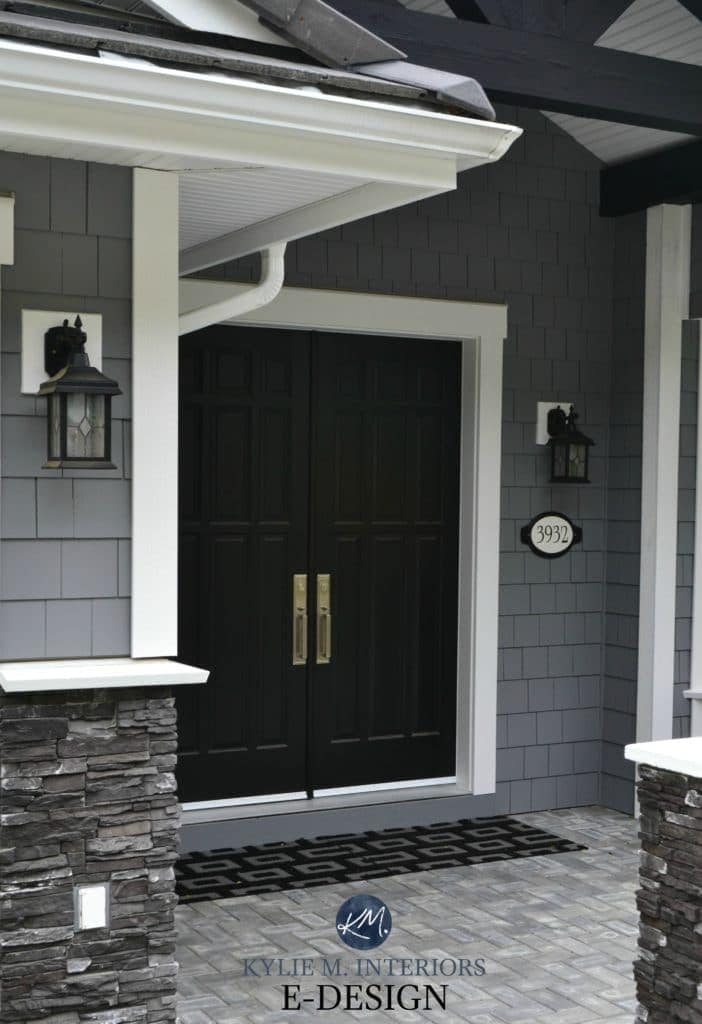 Exterior paint palette. Similar to Benjamin Moore Dior Gray. Sherwin Tricorn Black, white trim, gray, black stacked ledgestone. black front doors. Kylie M E-design