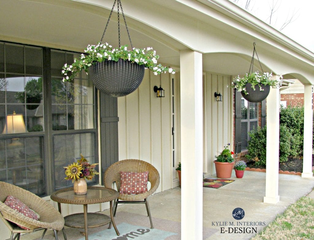 Exterior palette, creamy tan, Benjamin Moore Willow, ranch style home. Kylie M E-design