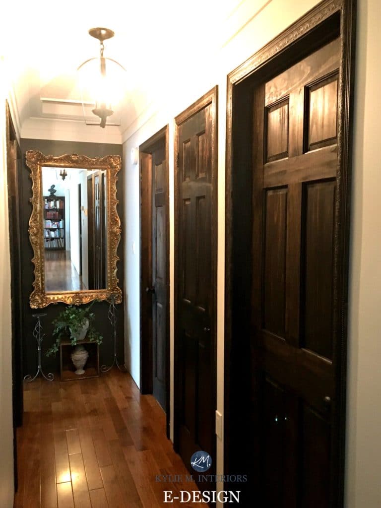 Hallway with end wall in Benjamin Moore Willow with dramatic gold framed mirror. Kylie M E-design ideas