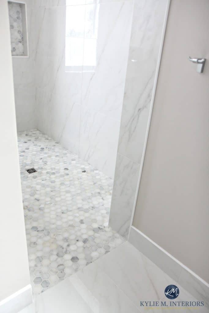 walk-in-shower-with-marble-hexagon-tile-floor-marble-walls-baseboard-and-flooring-kylie-m-interiors-decorating-design-online-color-consulting