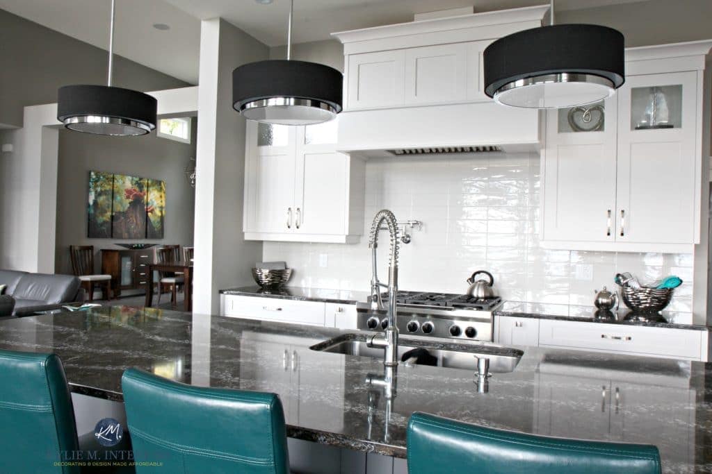 how-to-choose-the-best-paint-colour-for-a-2-storey-room-or-tall-wall-with-vaulted-ceilings-sherwin-williams-dovetail-and-repose-gray-white-kitchen-by-kylie-m-interiors