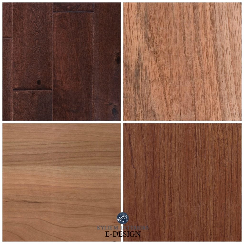 How to mix and match or coordinate with oak or maple wood cabinets or flooring with pink, purple or red stain colour. Kylie M Interiors Edesign, online paint color consulting