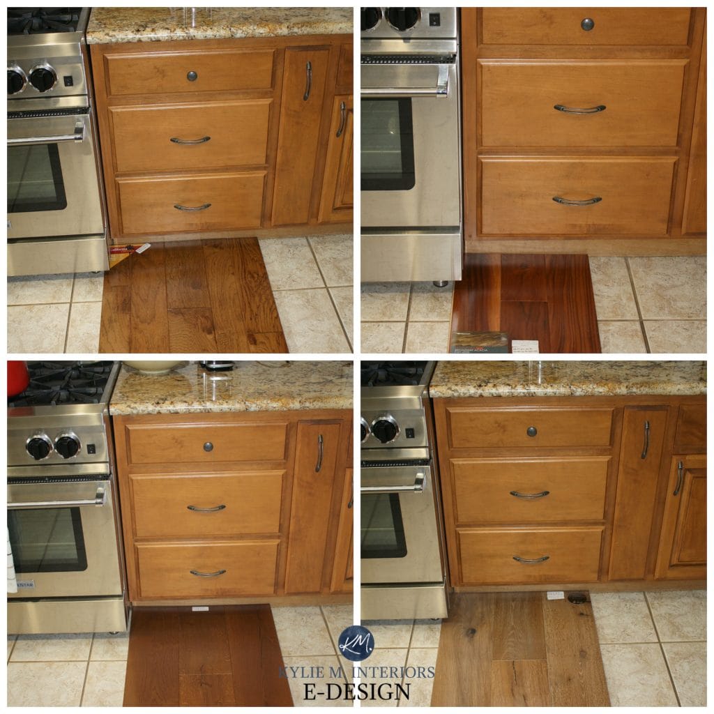 How to mix and match or coordinate wood and stains in a room with cabinets and flooring. Kylie M Interiors Edesign, DIY blog and home decor ideas with paint colours