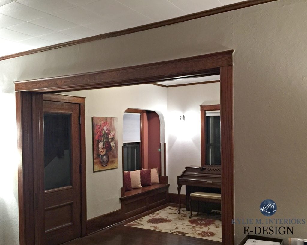 Kylie M Interiors E-design. Best paint colour dark wood trim, Sherwin Williams Balanced Beige, mushroom paint colour, Natural Tan, dark wood trim, floor, doors. Online paint color expert