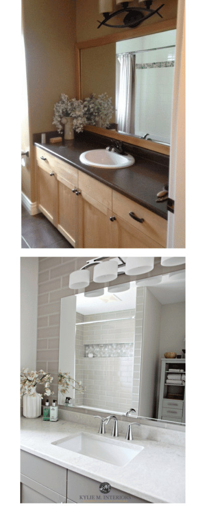 Before and after maple bathroom vanity update with greige, gray, subway tile and bianco drift. Kylie M Interiors E-design.jpg
