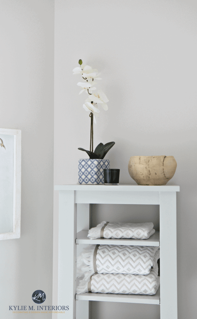 Benjamin Moore Classic Gray a greige paint colour in a bathroom with gray linen tower and bathroom decor, linens. Kylie M Interiors E-design