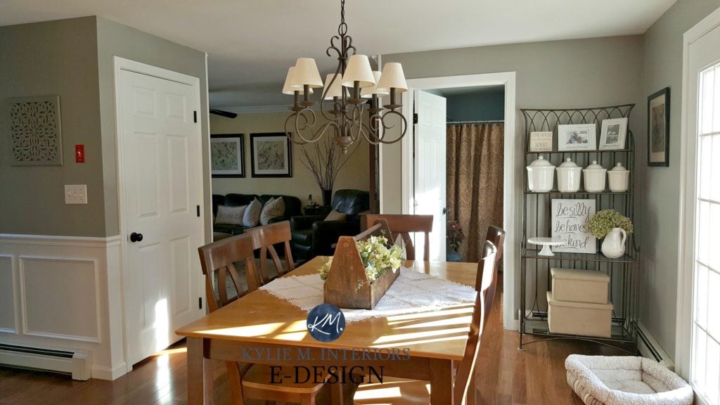 Country farmhouse style dining room, warm wood floor and furniture. Kylie M Interiors E-design, online paint color consulting. Sherwin Williams Dorian Gray