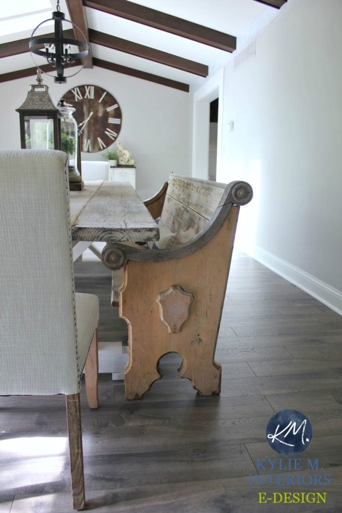 E-design, e-decor online color consultation with Kylie M Interiors. Sherwin Williams Agreeable Gray in a farmhouse style dining room with wood beams, flooring and bench