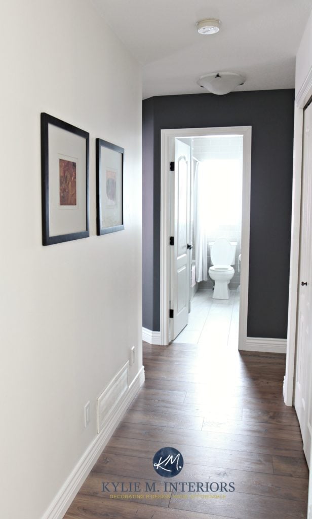 Hallway update with wood look laminate flooring, Sherwin Williams Creamy and Benjamin Moore Gray feature wall or accent wall. Kylie M Interiors E-design