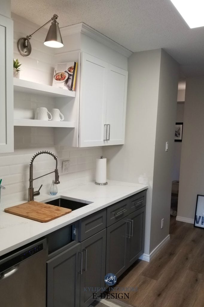 Sherwin Williams Gauntlet Gray, white upper cabinets. Small kitchen makeover. Kylie M Interiors Edesign, online consultant