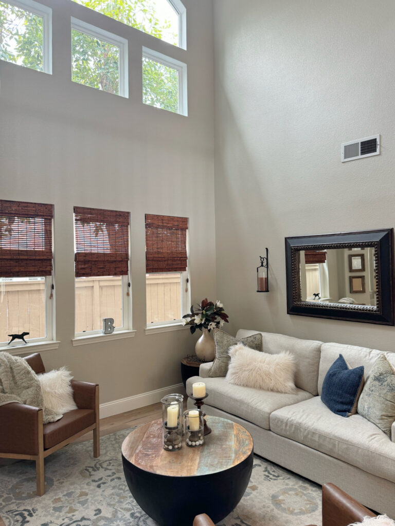 Shewin Williams Accessible Beige, Swiss Coffee trim frazee,m living room, bamboo blinds, tall ceiling, home decor, neutrals