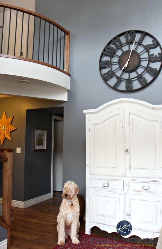 2 storey entryway, foyer, stair with curved railing. golden doodle, wood and metal railing, Benjamin Moore Steel Wool feature or accent wall by Kylie M Interiors