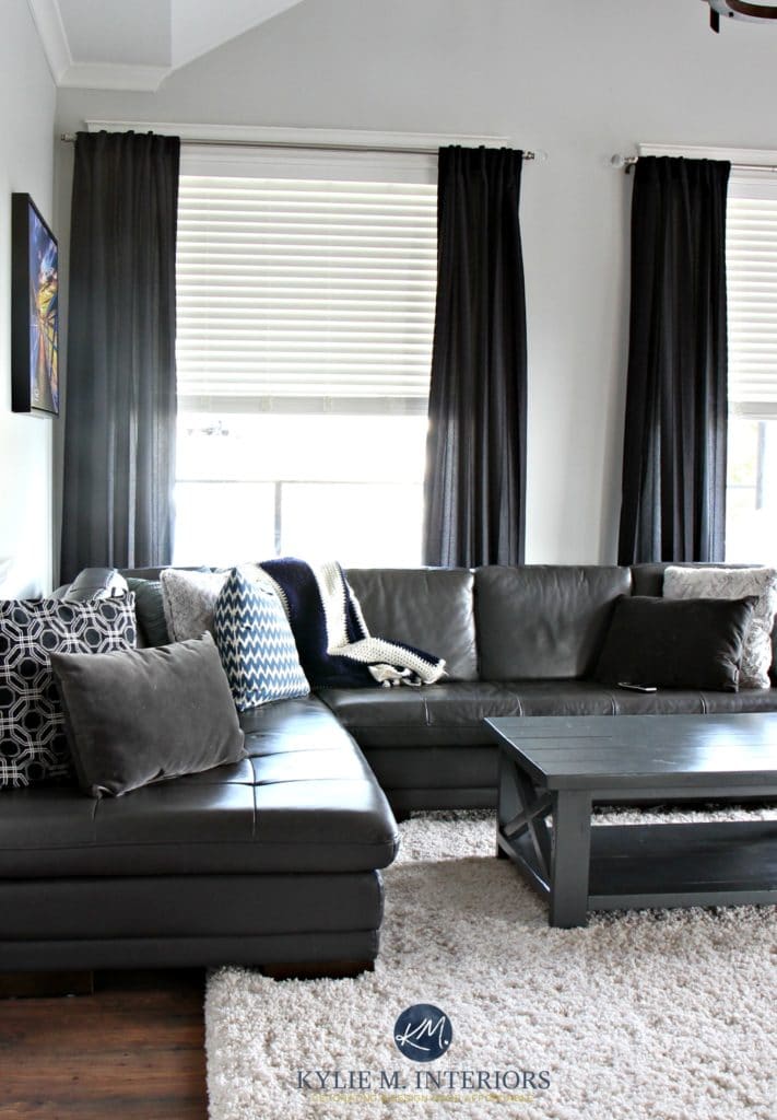 Benjamin Moore Gray Owl is one of the best cool gray paint colours with subtle undertones. Shown with black and a gray leather sectional. Kylie M Interiors