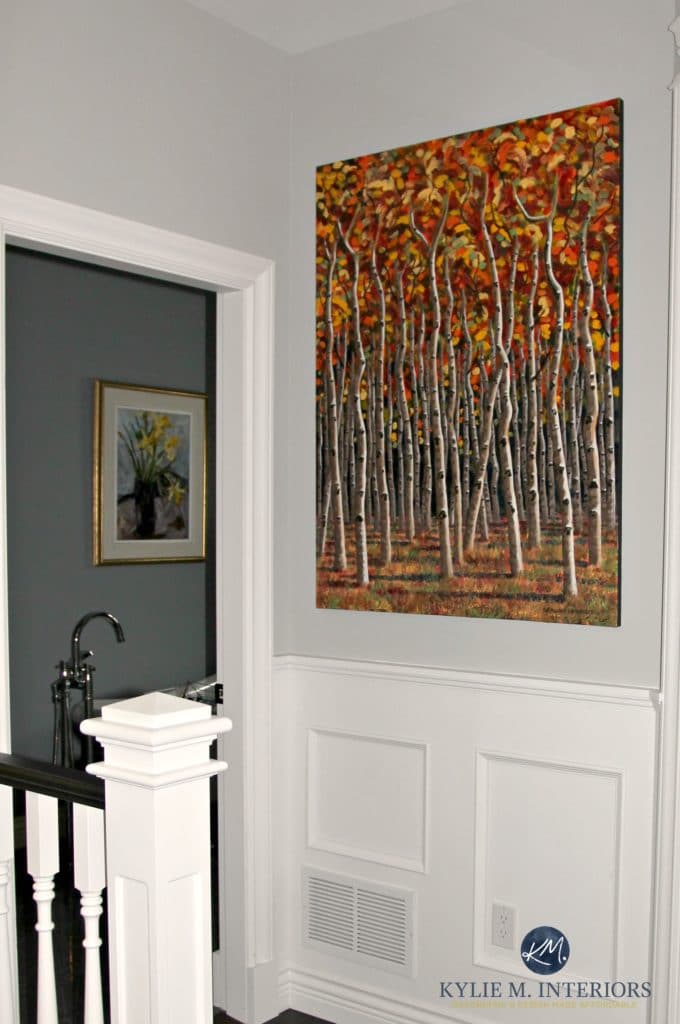 Benjamin Moore Stonington Gray with white wainscoting. Background color Dior Gray. An art lovers home. Kylie M Interiors Decorating and E-design