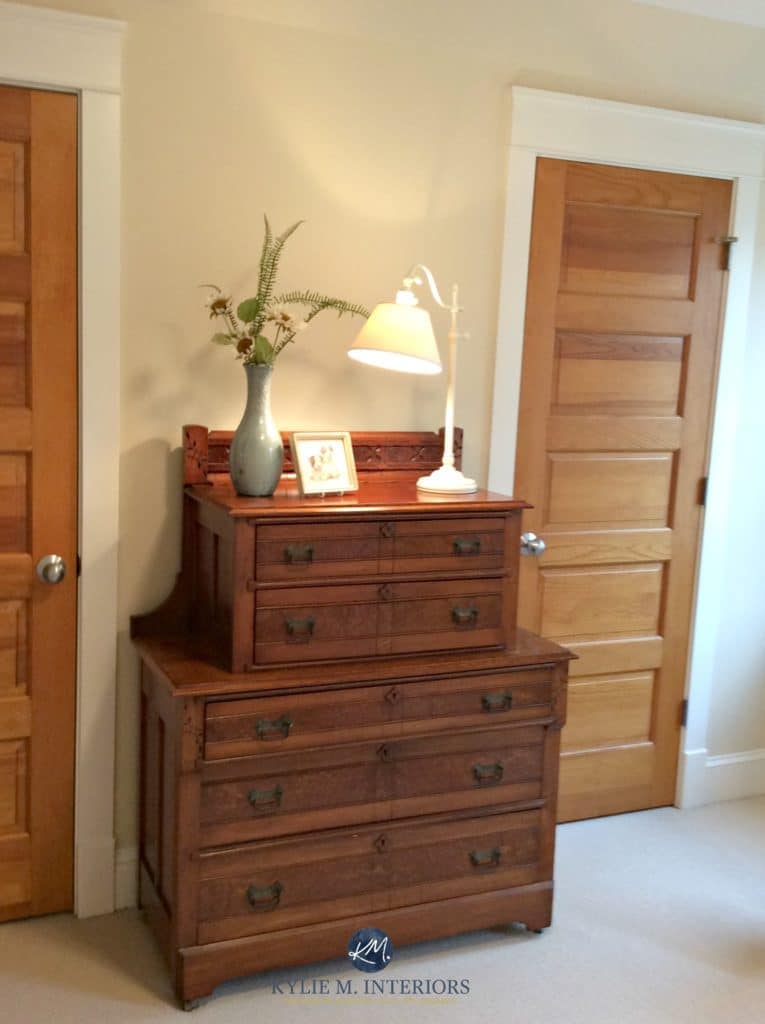 Benjamin Moore Gentle Cream with fir, wood doors and beige carpet. Kylie M Interiors E-decor and Online Colour Expert on Vancouver Island
