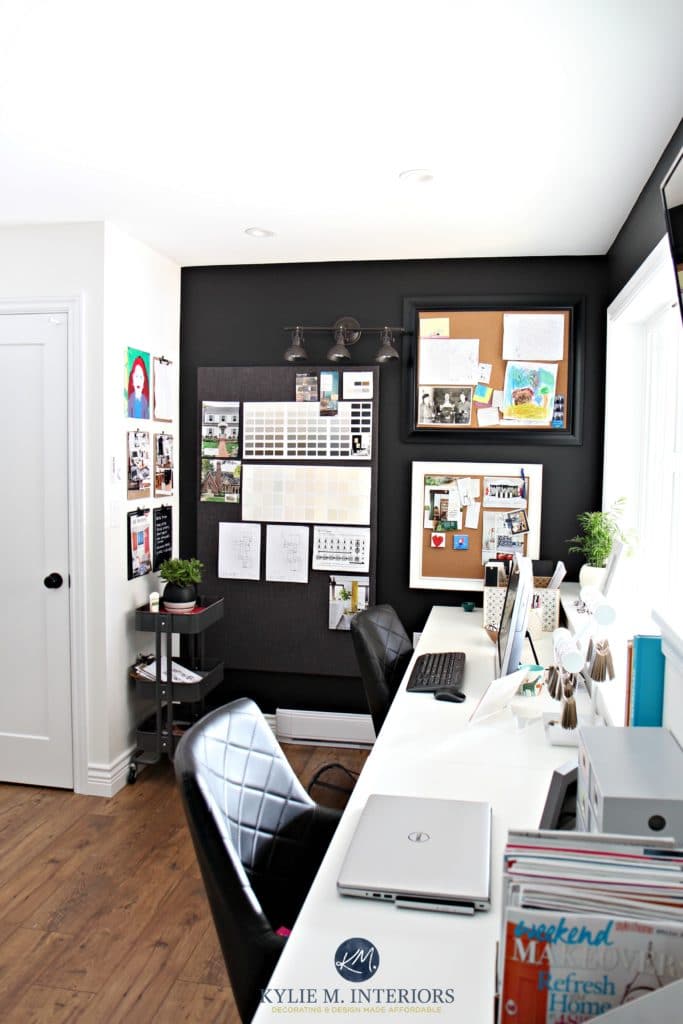 Home office decorating ideas by Kylie M INteriors Corkboards and Tricorn Black feature or accent wall