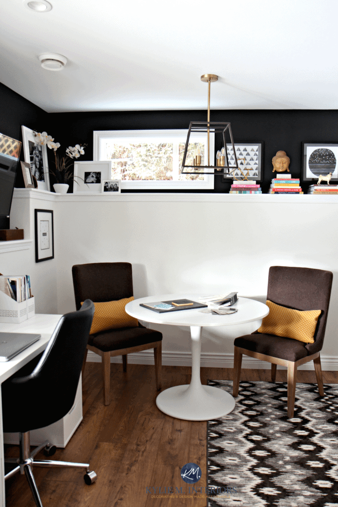 Home office, feature wall Sherwin Williams Tricorn Black with Benjamin Moore Cloud White. E-design and colour consulting services