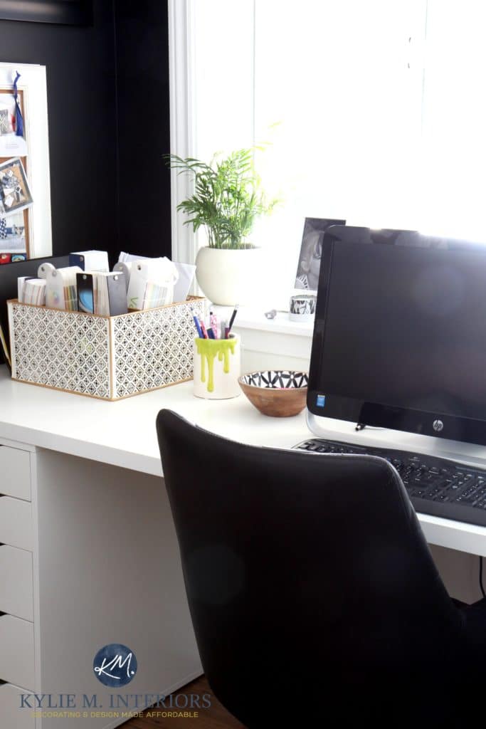 Home office of interior decorator. Ikea alex desk and tricorn black feature or accent wall. Kylie M Interiors Colour Consulting and virtual e-design