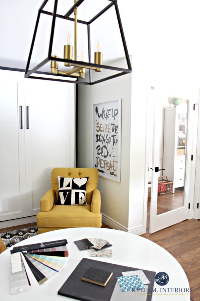 Home office with Benjamin Moore Cloud White and black and gold accents with Tricorn Black. Kylie M Interiors Color Consulting and virtual design