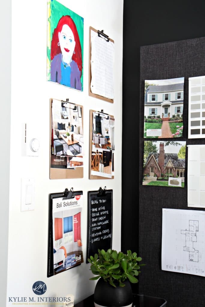 Ideas to organize home office with clipboards and large fabric covered cork board. Kylie M Interiors Interior Decor, virtual and e-design