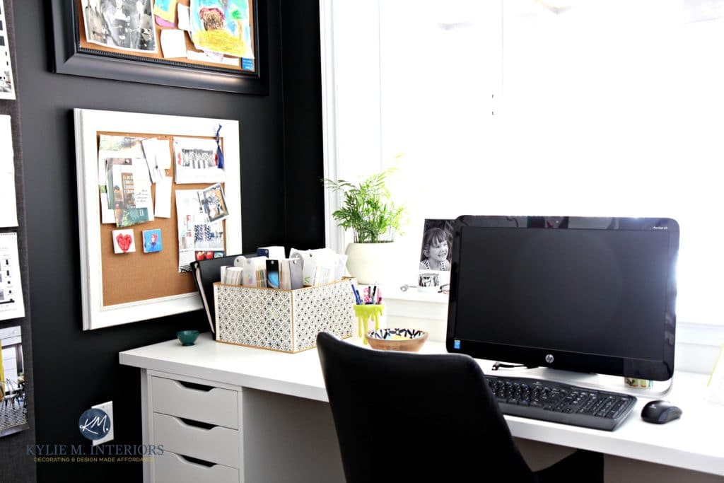 Kylie M Interiors Color Consulting and E-desing home office with ikea desk furniture and corkboards