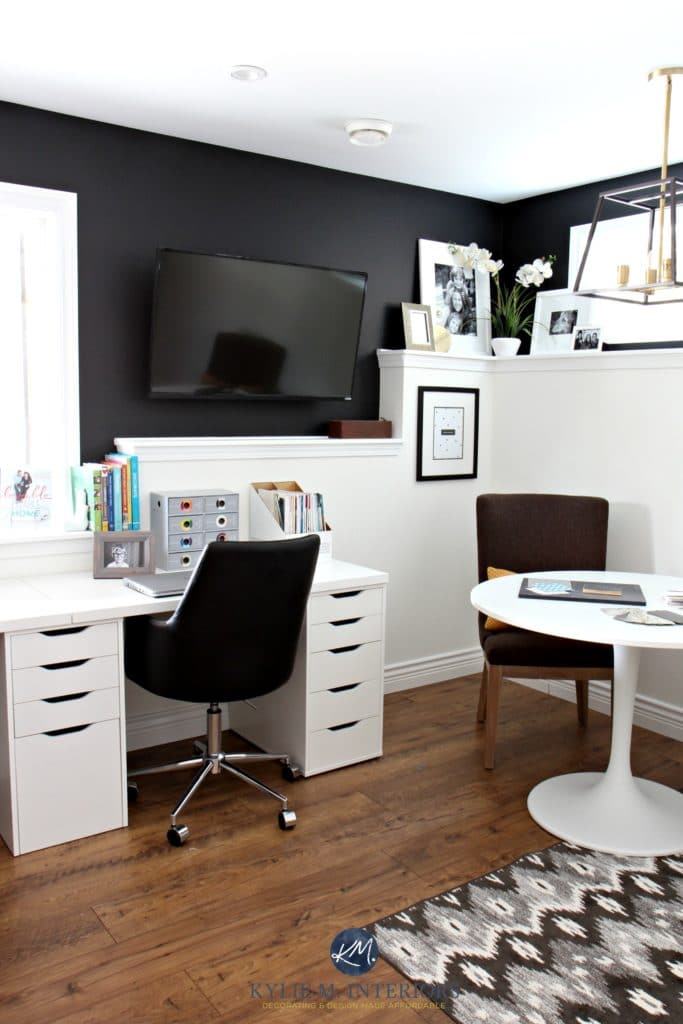 Kylie M Interiors Home office with Sherwin Tricorn Black and Benjamin Cloud White on foundation wall. Ikea alex desk with tv mounted on wall