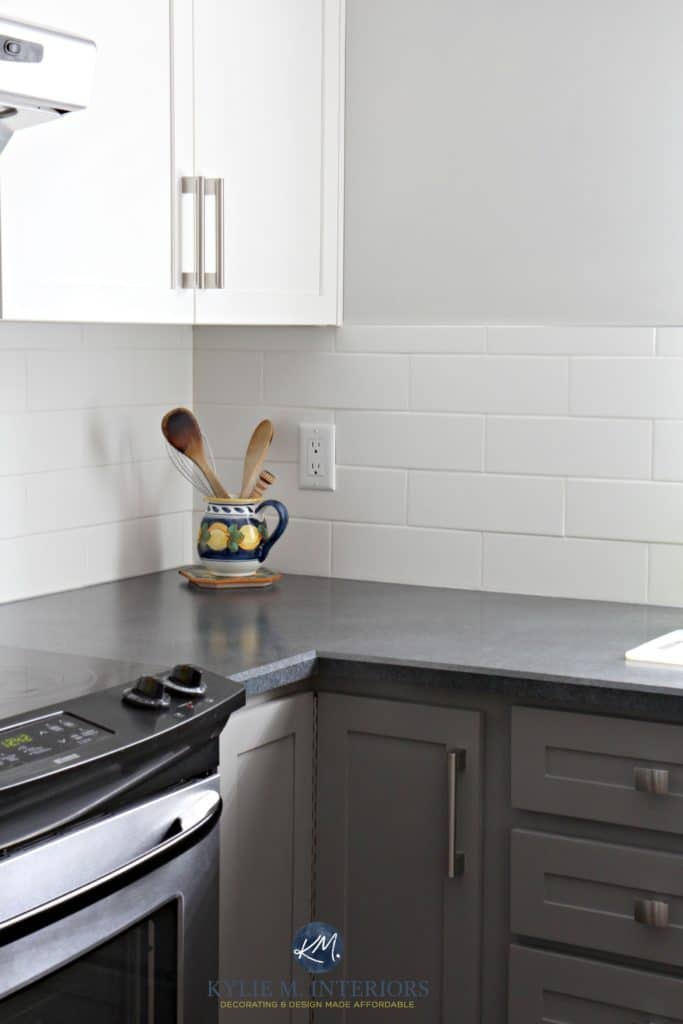 Painted kitchen cabinets. Benjamin Moore Chelsea Gray, Gray Owl, white subway tile, black laminate countertop. Budget friendly Kylie M Interiors E-design Colour expert (1)