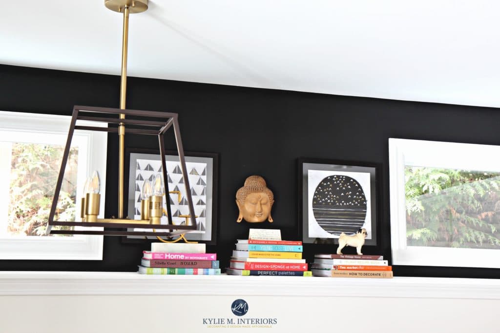 Sherwin Williams Tricorn Black with Benjamin Moore Cloud White foundation wall decor with chandelier by Kylie M Interiors