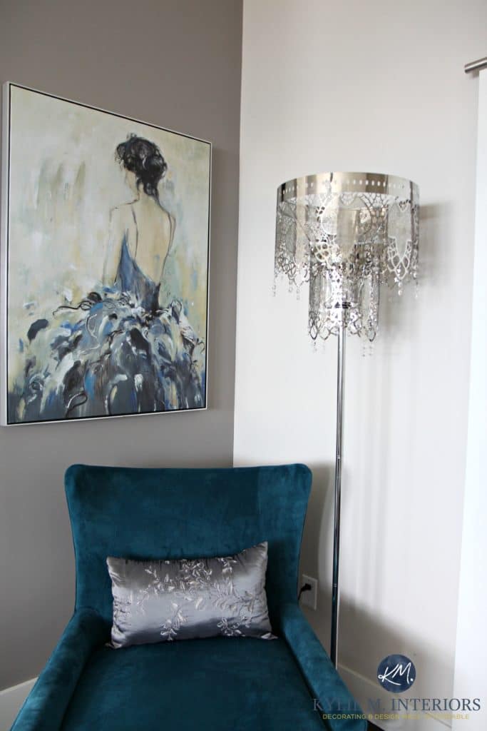 Hanging artwork above a chair. Teal, Collingwood and Escarpment. Kylie M INteriors Edesign