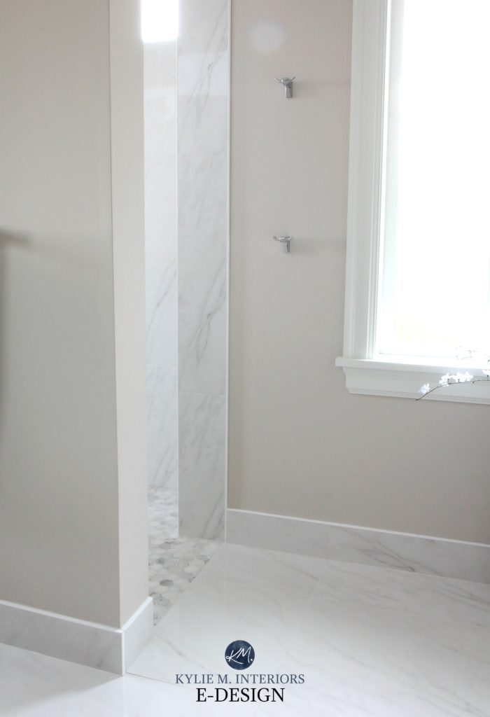 Best warm gray paint colour, Benjamin Moore Balboa Mist with marble tile bathroom. Kylie M Interiors Edesign, online paint colour services