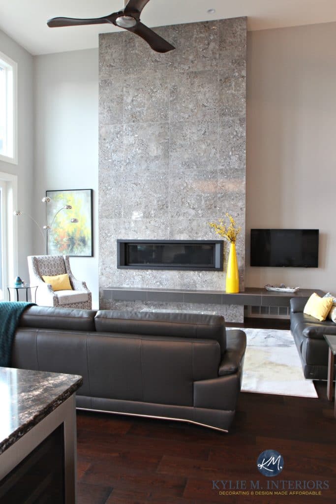 Contemporary fireplace design with tile and linear gas insert, with floating hearth. Sherwin Williams Repose Gray. Kylie M Interiors Decorating and Design, Online and local in Nanaimo BC