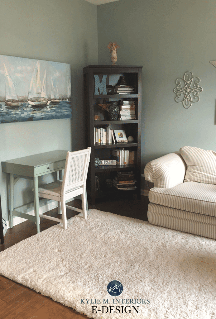 Sherwin Williams Silvermist in living room or family room. Best blue green paint colour. Kylie M Interiors E-design, online paint color consultant