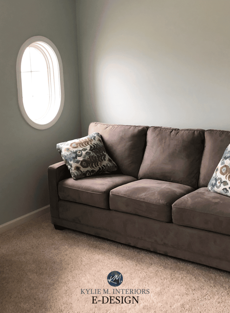 Silvermist in family room. Best blue green paint colour. Kylie M INteriors Edesign, online paint color consulting