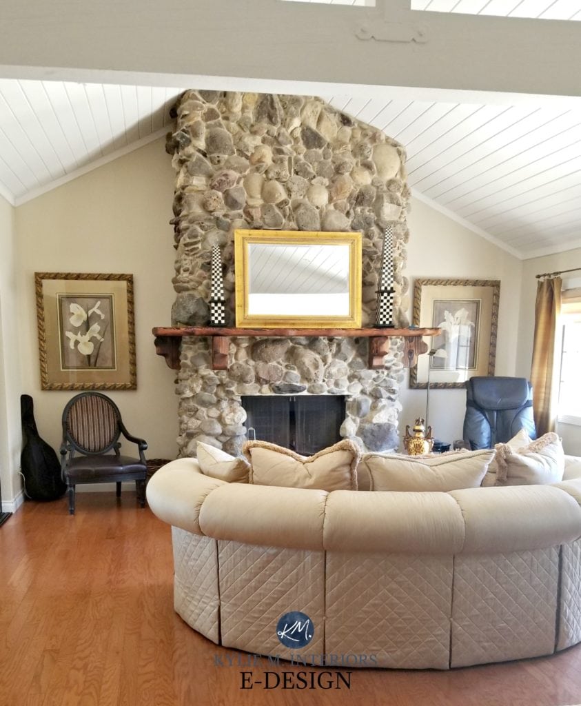 Stone, rock fireplace, orange oak wood floor, vaulted ceiling, shiplap, Benjamin Moore Muslin paint color. Kylie m Interiors E-design