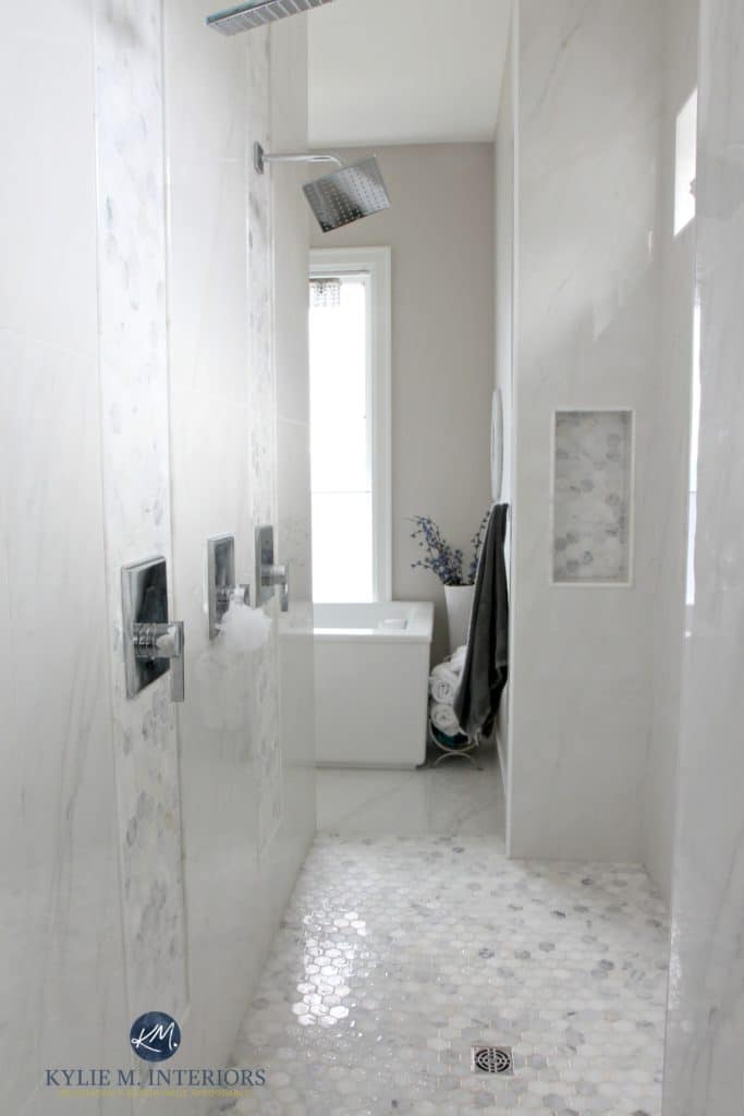 Walk in shower, master ensuite bathroom. Marble hexagon floor, accent tile, double shower head, rainshower. Kylie M Interiors Decorating and Design, edecor