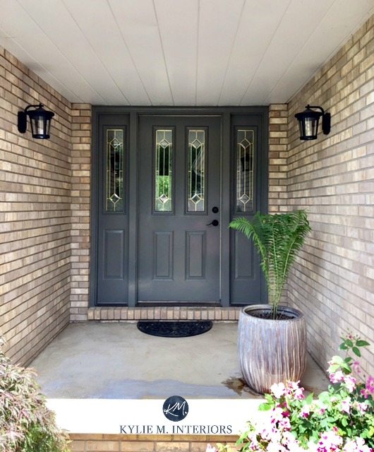 Amherst Gray Benjamin Moore front door with brick on exterior. Kylie M INteriors color expert, Online Colour consultant and e-design