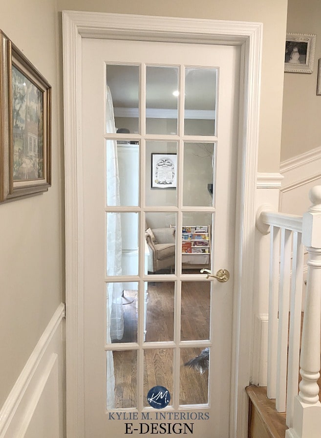Benjamin Moore Manchester Tan paint colour on walls, Simply White on wainscoting, door and trim. Kylie M Interiors Edesign and online paint colour consultant