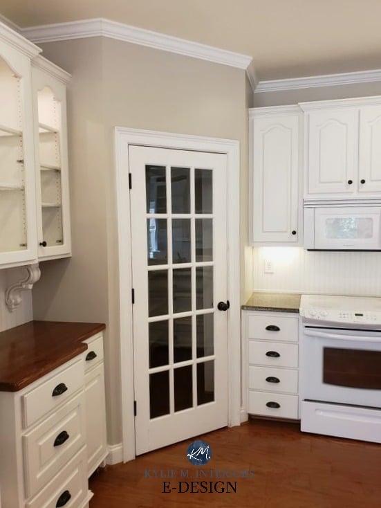 Benjamin Moore REvere Pewter, Cloud White Kitchen, red toned wood floor. Kylie M Interiors Edesign, online virtual paint consulting