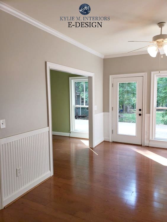 Benjamin Moore Revere Pewter, red orange toned wood floor. White wainscoting. Best gray paint colour. Kylie M interiors edesign, online paint color consulting