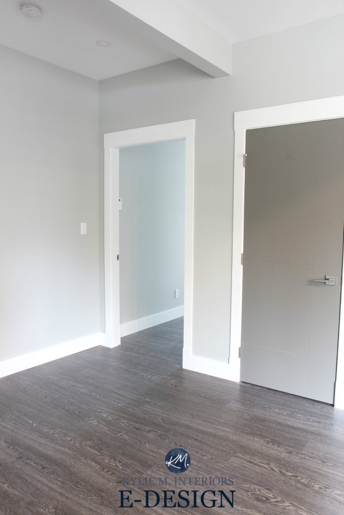 Benjamin Moore Stonington Gray and Chelsea Gray painted doors with white trim. Kylie M INteriors E-design, Online paint colour consulting expert