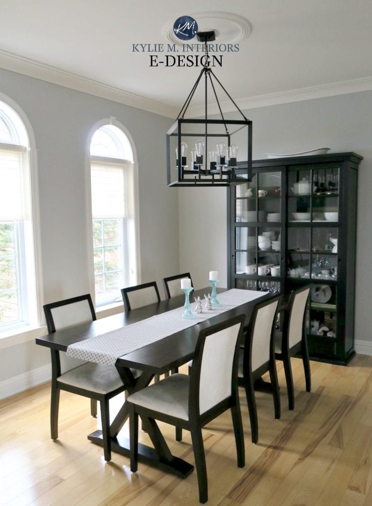 Benjamin Moore Stonington Gray, light wood floors, dark traditional furniture dining room. Kylie M Interiors E-design, online paint colour consultant. gray paint colour