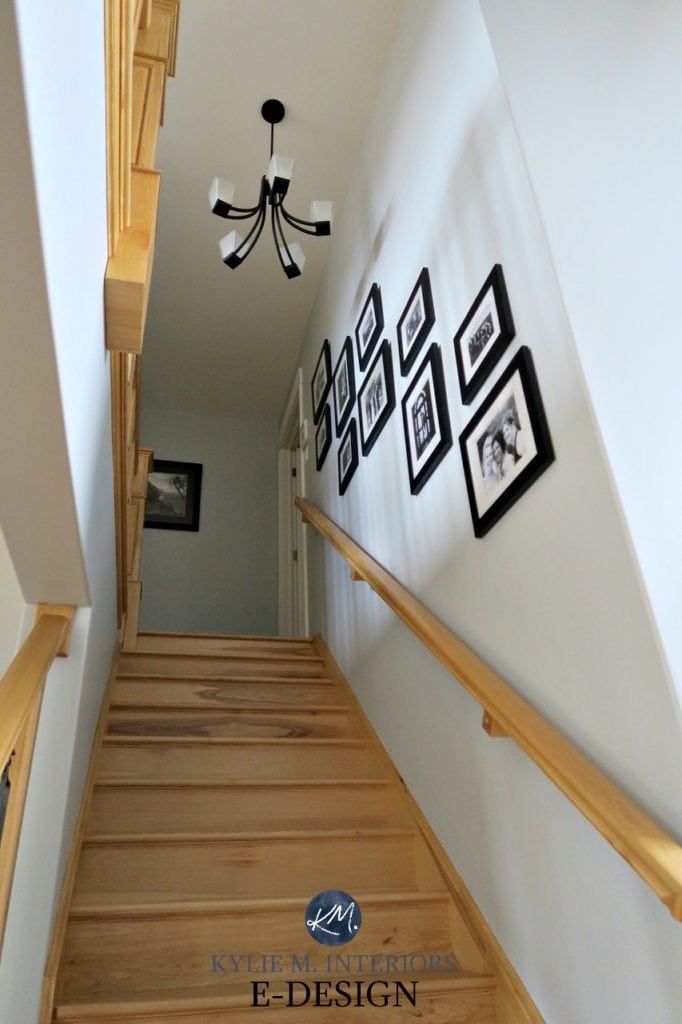 Benjamin Moore Stonington Gray paint colour. Stairwell with yellow toned wood stairs. Kylie M INteriors Edesign, virtual online paint colour consultant
