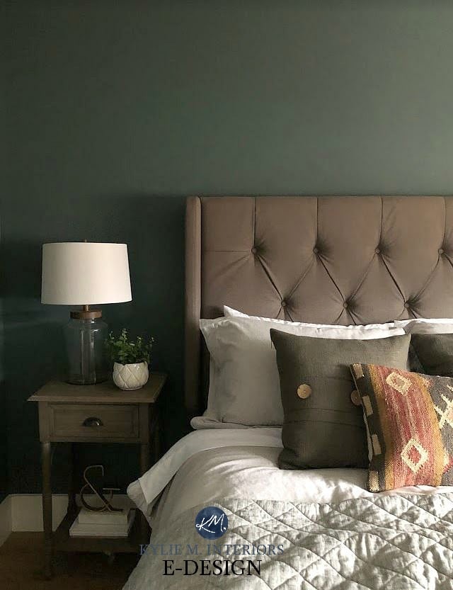 Best dark room paint colour, Benjamin Moore Knoxville Gray, blue green gray color blend. Kylie M Interiors Edesign, online paint