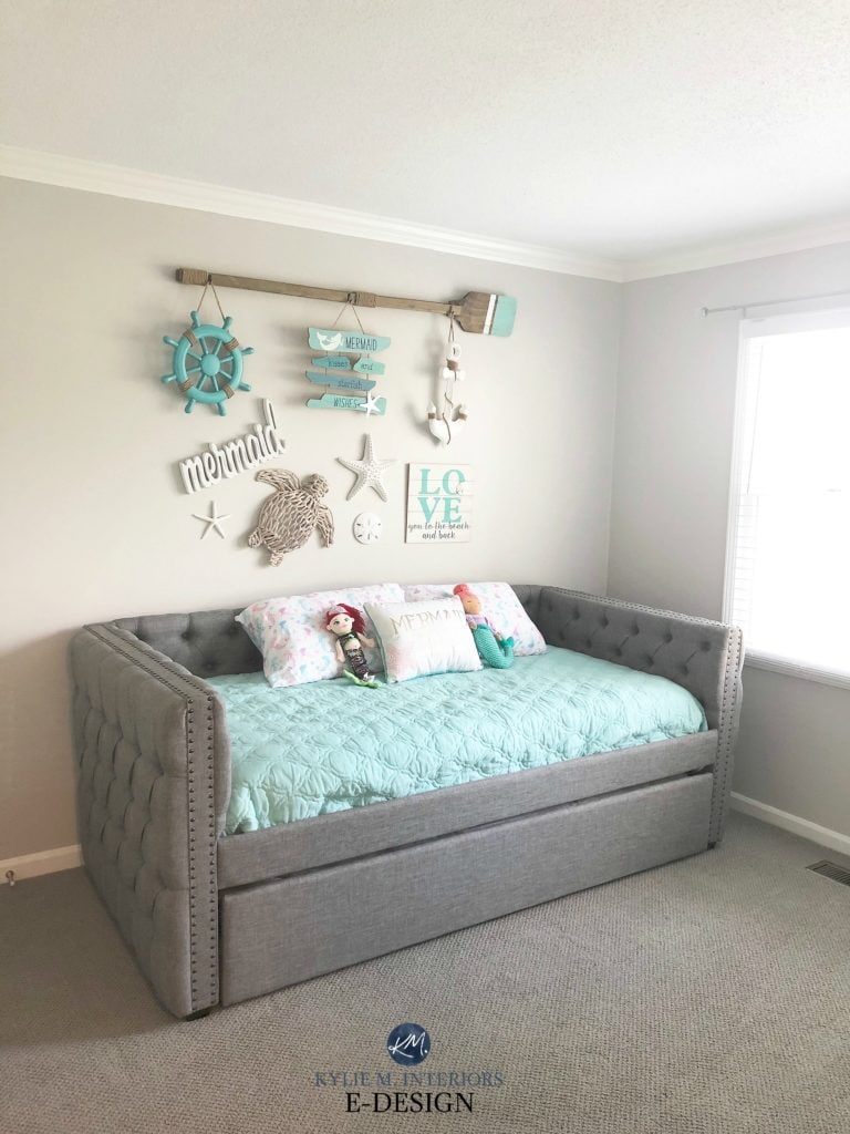Cute coastal beach style guest bedroom with teal and gray and white. Sherwin Williams On the Rocks paint color. Kylie M Interiors Edesign, online paint colour consulting and blog