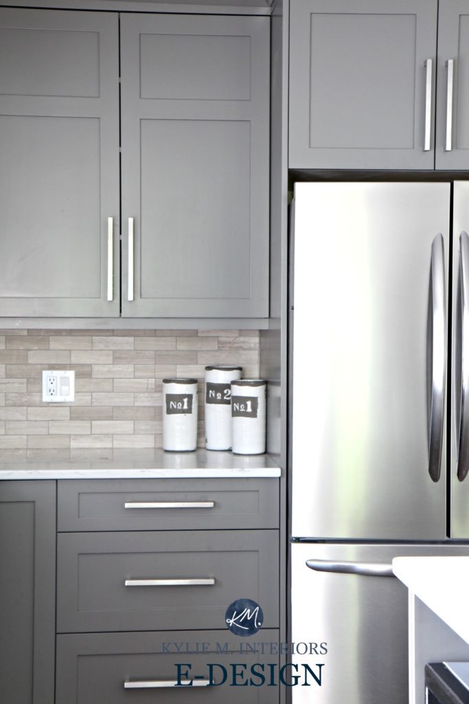 Gray painted kitchen cabinets, Benjamin Moore Amherst Gray. Quartz white countertops, limestone backsplash. Kylie M E-design and online color consulting