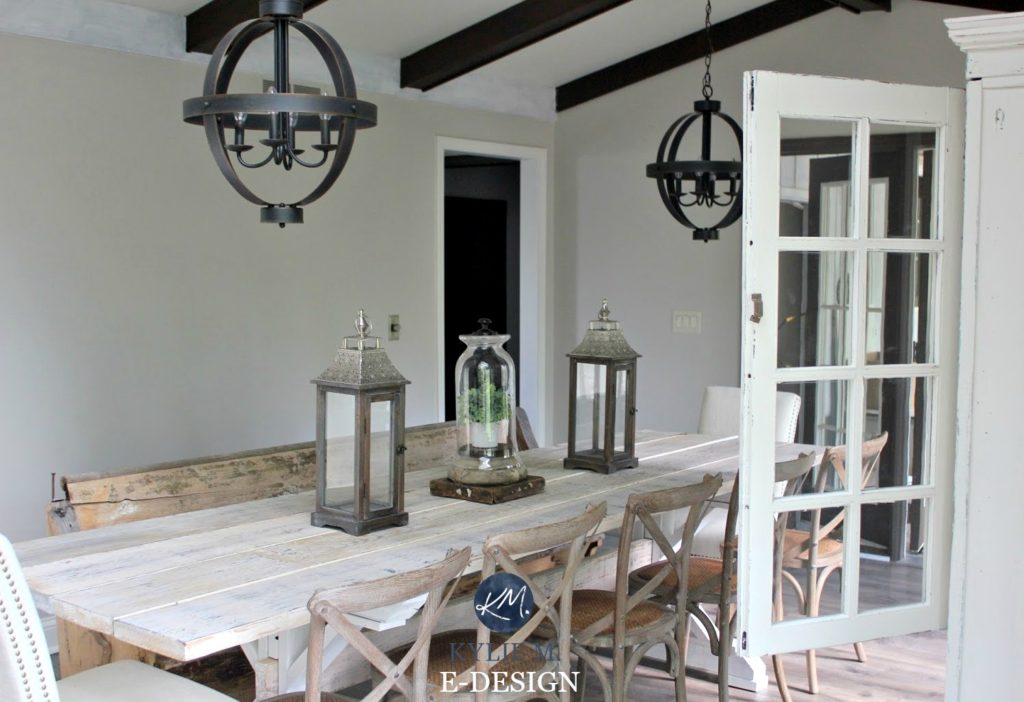 Sherwin Williams Agreeable Gray in farmhouse, country style dining room, dark wood. Paint colour Kylie M E-design,