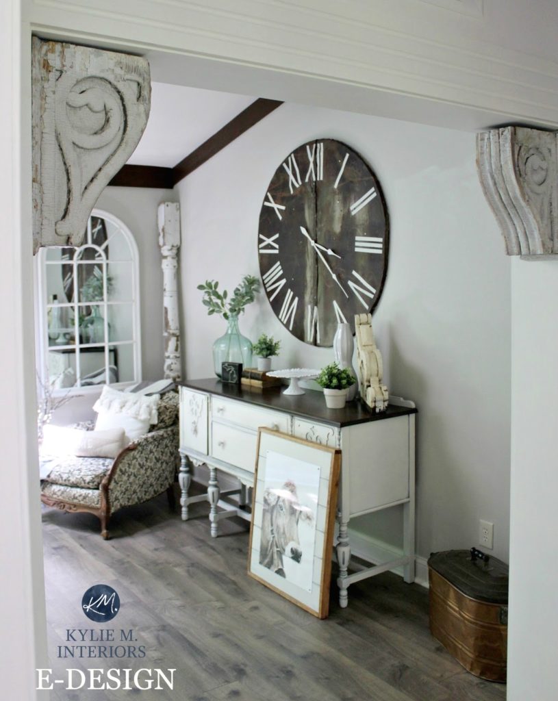 Sherwin Williams Agreeable Gray. farmhouse style, buffetclock with dark trim beams. Kylie M